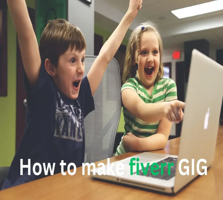 One boy and girl looking at laptop at the same time the boy's hands is in the air joyfully and girl pointing at the laptop How to make fiverr gig written in bold